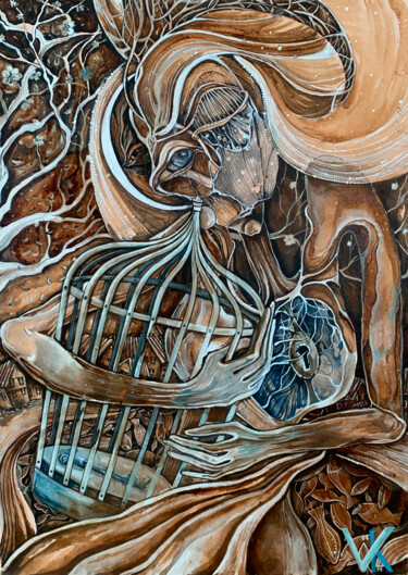 Pintura titulada "Золотая клетка" por Viktoryia Kastsiankova, Obra de arte original, Acuarela Montado en Panel de madera