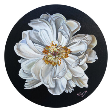 Malerei mit dem Titel "White peony" von Viktoryia Lautsevich, Original-Kunstwerk, Öl Auf Andere starre Platte montiert