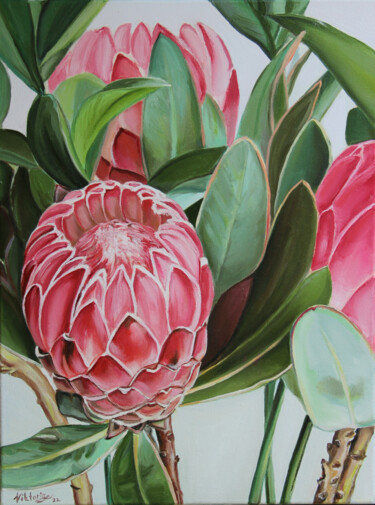 Painting titled "Protea" by Viktoryia Lautsevich, Original Artwork, Oil Mounted on Wood Panel