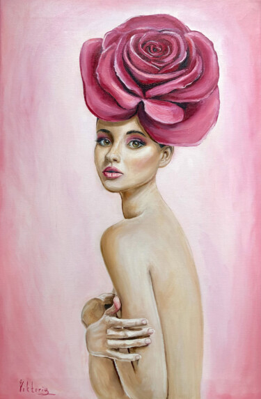Painting titled "Woman with a rose" by Viktoryia Lautsevich, Original Artwork, Oil