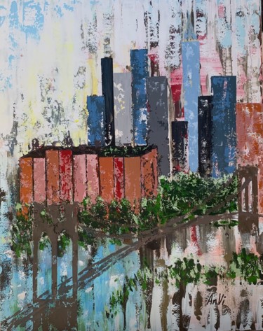 Painting titled "NewYork" by Anvi, Original Artwork, Acrylic Mounted on Wood Stretcher frame