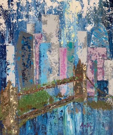 Malarstwo zatytułowany „La City -Londres” autorstwa Anvi, Oryginalna praca, Akryl Zamontowany na Drewniana rama noszy