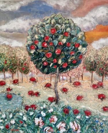 Painting titled "Cherry Tree Oil Pai…" by Vilma Gataveckiene, Original Artwork, Oil