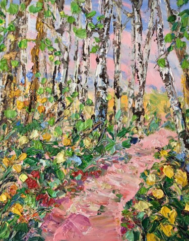 Painting titled "Forest Tree Tunnel…" by Vilma Gataveckiene, Original Artwork, Oil