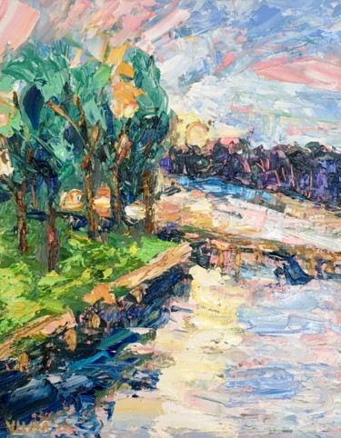 Malerei mit dem Titel "Lake Landscape Impa…" von Vilma Gataveckiene, Original-Kunstwerk, Öl