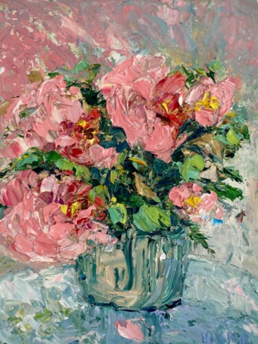 Painting titled "Pink Peonies Flower…" by Vilma Gataveckiene, Original Artwork, Oil