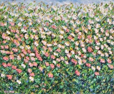 Pintura intitulada "Cosmos Flowers Fiel…" por Vilma Gataveckiene, Obras de arte originais, Óleo