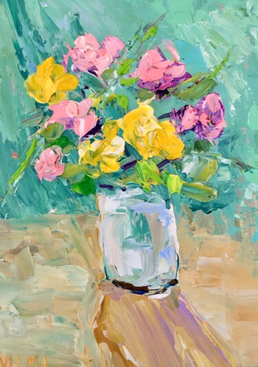 Painting titled "Roses Bouquet Impas…" by Vilma Gataveckiene, Original Artwork, Oil