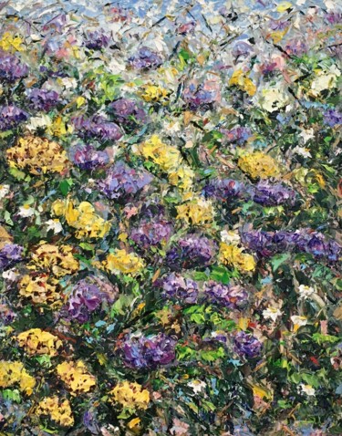 Purple And Yellow Flowers Impasto Oil Painting On Canvas Painting titled "Purple And Yellow F…" by Vilma Gataveckiene, Original Art, Oil