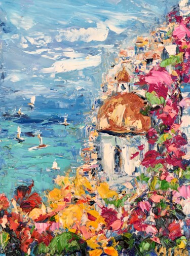 Картина под названием "Positano Italy Impa…" - Vilma Gataveckiene, Подлинное произведение искусства, Масло