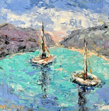 Malerei mit dem Titel "White Sailboats Imp…" von Vilma Gataveckiene, Original-Kunstwerk, Öl