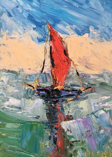 Painting titled "Red Sailboat Impast…" by Vilma Gataveckiene, Original Artwork, Oil