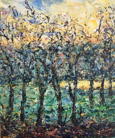Malerei mit dem Titel "Trees Sunset Impast…" von Vilma Gataveckiene, Original-Kunstwerk, Öl