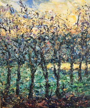 Painting titled "Trees Sunset Impast…" by Vilma Gataveckiene, Original Artwork, Oil