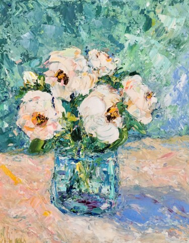 Painting titled "White Peonies Bouqu…" by Vilma Gataveckiene, Original Artwork, Oil