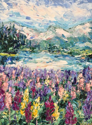 Painting titled "Lupine Flowers Land…" by Vilma Gataveckiene, Original Artwork, Oil