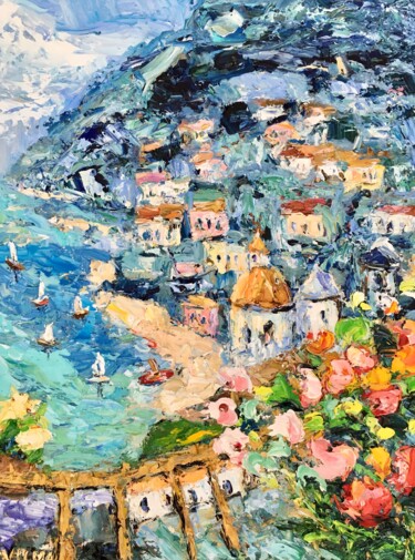 Картина под названием "Positano Italy Impa…" - Vilma Gataveckiene, Подлинное произведение искусства, Масло