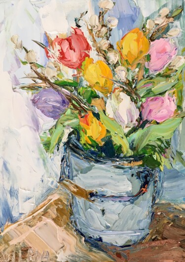 Painting titled "Tulips Flowers Impa…" by Vilma Gataveckiene, Original Artwork, Oil