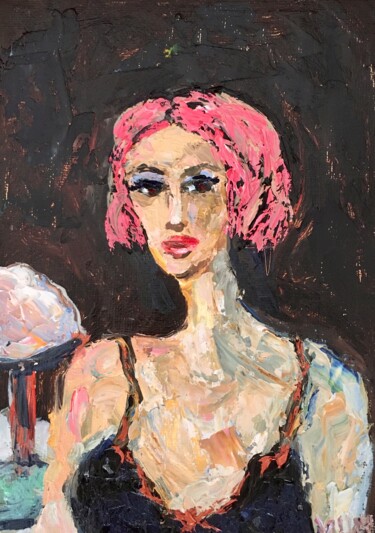 Painting titled "Pink Hair Portrait…" by Vilma Gataveckiene, Original Artwork, Oil