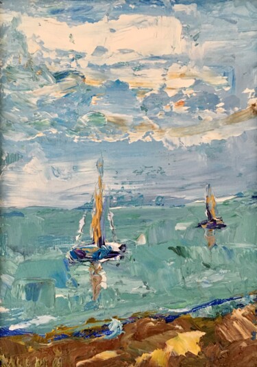 Malerei mit dem Titel "Sailboats Impasto O…" von Vilma Gataveckiene, Original-Kunstwerk, Öl