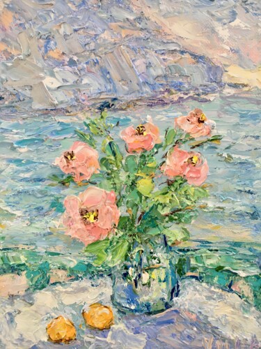 Malerei mit dem Titel "Pink Roses Flowers…" von Vilma Gataveckiene, Original-Kunstwerk, Öl