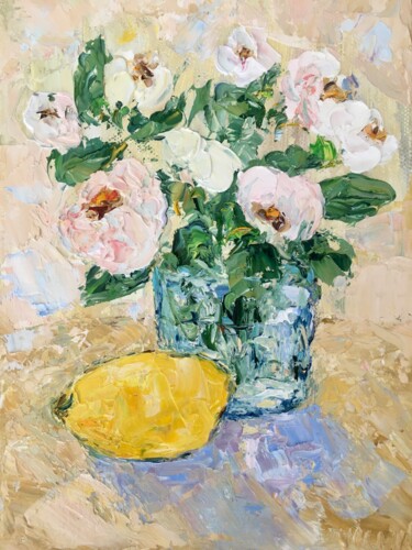 Painting titled "White Roses Bouquet…" by Vilma Gataveckiene, Original Artwork, Oil