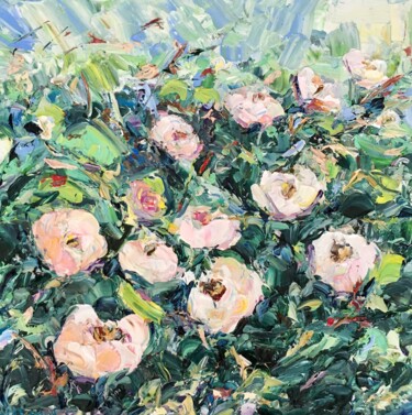 Painting titled "White Roses Impasto…" by Vilma Gataveckiene, Original Artwork, Oil
