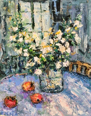 Painting titled "White Flowers In Th…" by Vilma Gataveckiene, Original Artwork, Oil