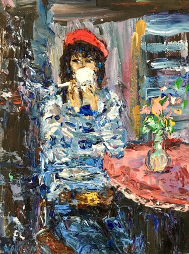 Painting titled "French Girl Portrai…" by Vilma Gataveckiene, Original Artwork, Oil Mounted on Cardboard