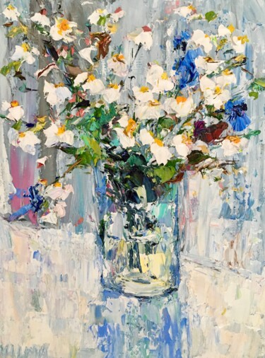 Painting titled "Daisies Bouquet Imp…" by Vilma Gataveckiene, Original Artwork, Oil Mounted on Cardboard