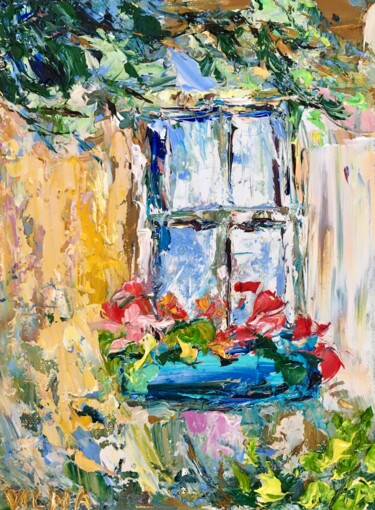 Peinture intitulée "Window And Flowers…" par Vilma Gataveckiene, Œuvre d'art originale, Huile