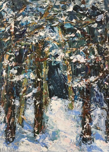 Painting titled "Winter Forest Trees…" by Vilma Gataveckiene, Original Artwork, Oil