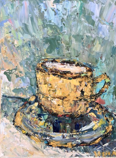 Painting titled "Golden Coffee Cup I…" by Vilma Gataveckiene, Original Artwork, Oil
