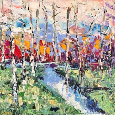 Painting titled "Trees By River Oil…" by Vilma Gataveckiene, Original Artwork, Oil