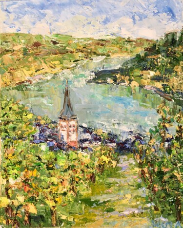 Malerei mit dem Titel "Vineyards Rhine Riv…" von Vilma Gataveckiene, Original-Kunstwerk, Öl