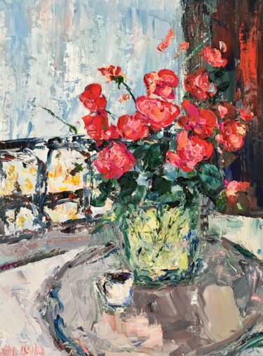 Painting titled "Red Flowers Bouquet…" by Vilma Gataveckiene, Original Artwork, Oil