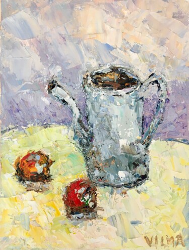 Painting titled "Teapot And Apples I…" by Vilma Gataveckiene, Original Artwork, Oil