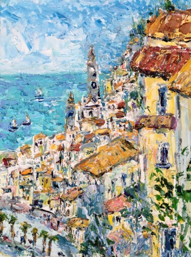 Painting titled "Menton Colorful Hou…" by Vilma Gataveckiene, Original Artwork, Oil