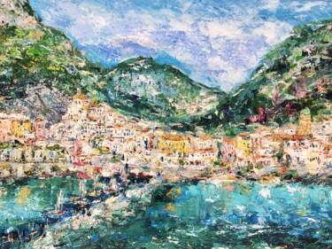 Painting titled "Large Amalfi Coast…" by Vilma Gataveckiene, Original Artwork, Oil