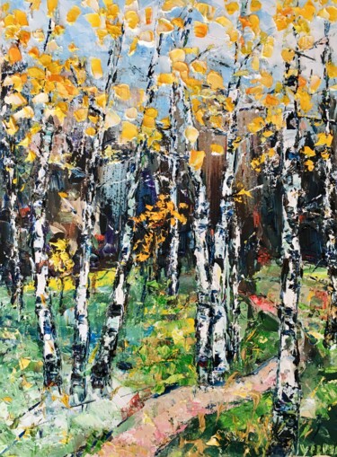 Painting titled "Birch Tree Path Oil…" by Vilma Gataveckiene, Original Artwork, Oil
