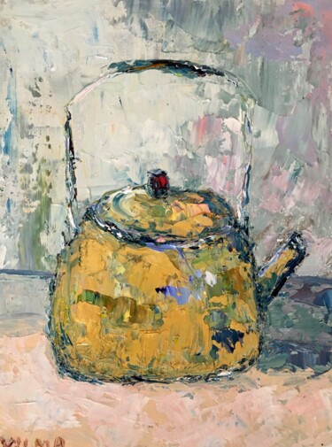 Painting titled "Golden Teapot Oil P…" by Vilma Gataveckiene, Original Artwork, Oil