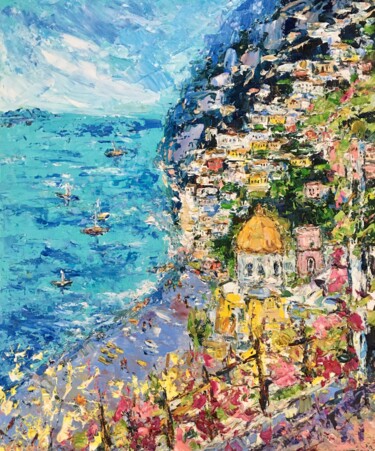 Schilderij getiteld "Positano Seascape O…" door Vilma Gataveckiene, Origineel Kunstwerk, Olie