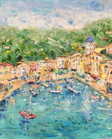 Schilderij getiteld "Portofino Seascape…" door Vilma Gataveckiene, Origineel Kunstwerk, Olie