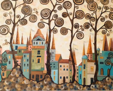 Schilderij getiteld "Color town" door Galina Shumilova, Origineel Kunstwerk, Olie Gemonteerd op Frame voor houten brancard