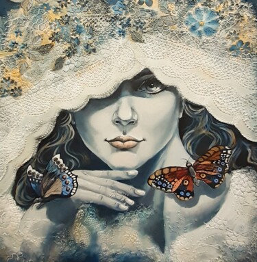 Painting titled "Butterflies" by Galina Shumilova, Original Artwork, Oil Mounted on Wood Stretcher frame