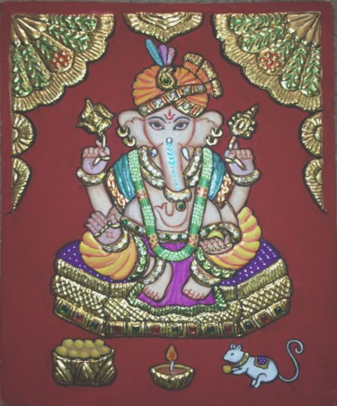 Malerei mit dem Titel "safa-ganesh-2-tanjr…" von Vimala V, Original-Kunstwerk