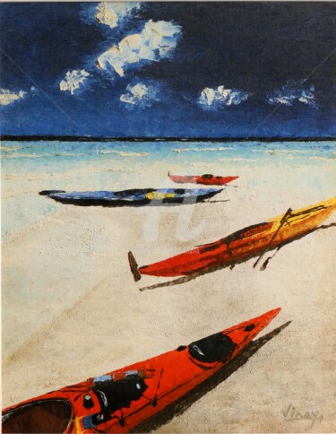 Painting titled "boats-on-the-beach.…" by Vinay Babar, Original Artwork, Oil
