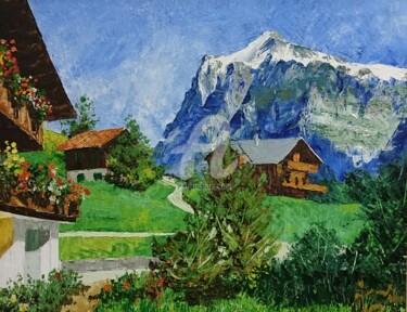Schilderij getiteld "Swiss alps" door Vinay Babar, Origineel Kunstwerk, Olie