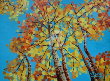 Painting titled "The Golden Aspen" by Vinay Babar, Original Artwork, Oil Mounted on Cardboard