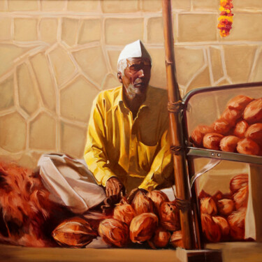 Malerei mit dem Titel "Coconut Seller" von Vinayak Takalkar, Original-Kunstwerk, Öl